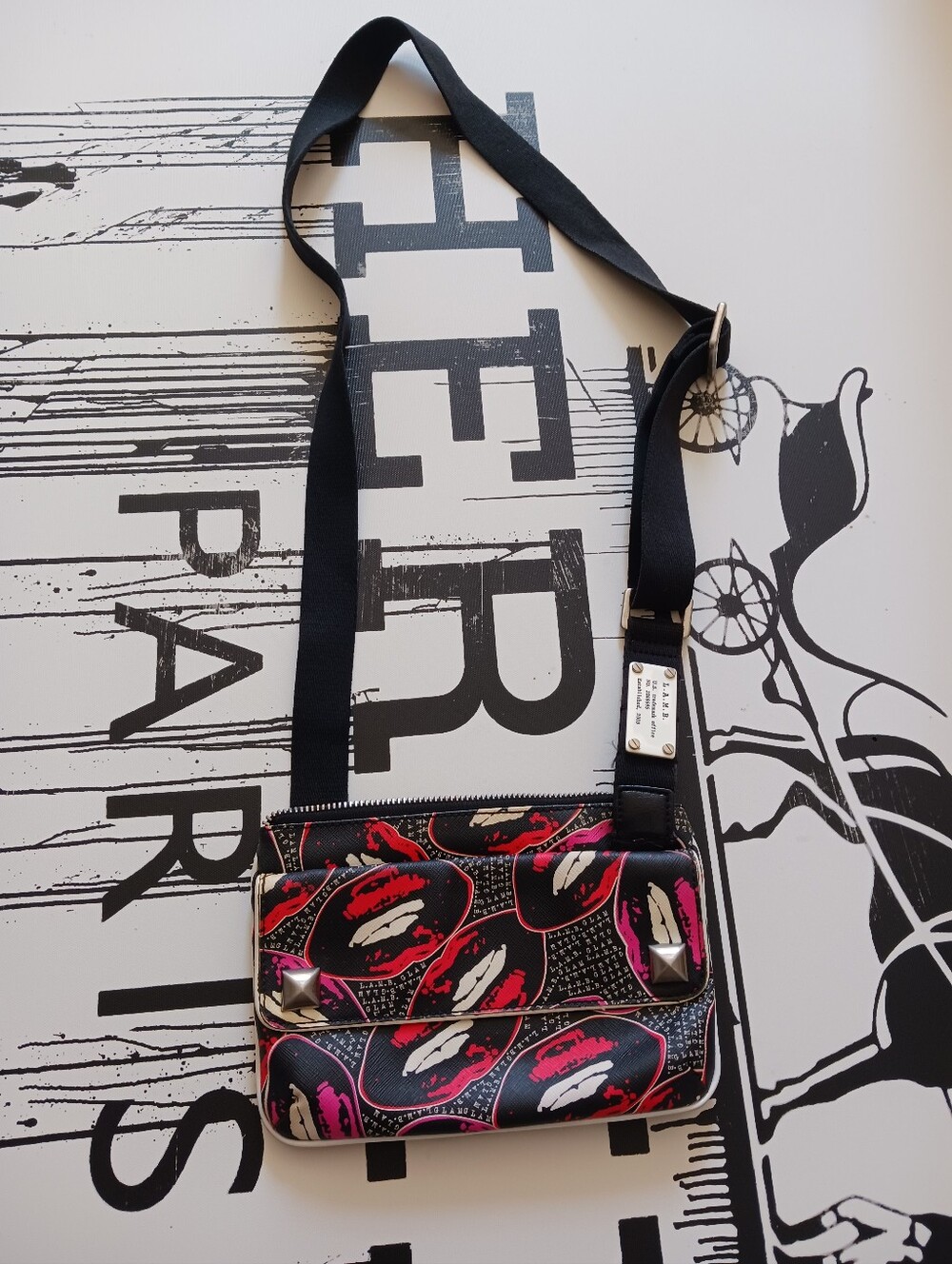 L.A.M.B Gwen Stefani Vintage .Black Lip-Print Crossbody Bag with Silver Hardware